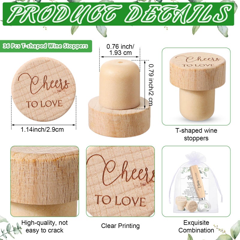 Barydat 36 Sets Wedding Favors for Guests Bulk Engraved Wood Wine Corks Beer Bottle Openers with Wedding Thank You Cards Organza Bags Cheers to Love Appreciation Gifts Bridal Shower Souvenirs - Image 3