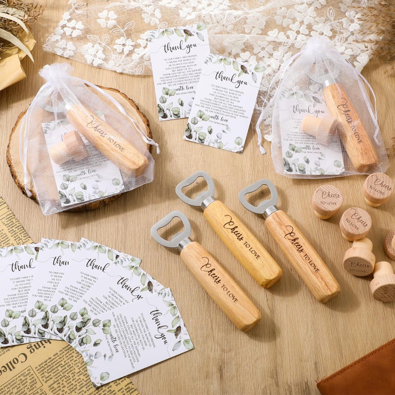 Barydat 36 Sets Wedding Favors for Guests Bulk Engraved Wood Wine Corks Beer Bottle Openers with Wedding Thank You Cards Organza Bags Cheers to Love Appreciation Gifts Bridal Shower Souvenirs - Image 5