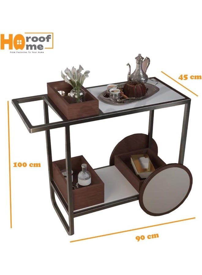 Horoof Market Horoof Home® Wooden Bar Cart – Luxury Serving Trolley with Storage, 2-Tier Design, 100x45x90 cm – 2 cm Thick Premium Wood, TR007  - Image 2