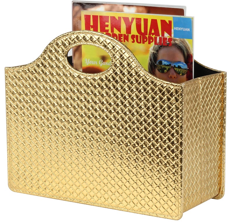 HofferRuffer Magazine Basket Holder Foldable Magazine Rack Document File Holder Organizer File Folder Newspaper Storage Bin Organizer for Home or Office Gold