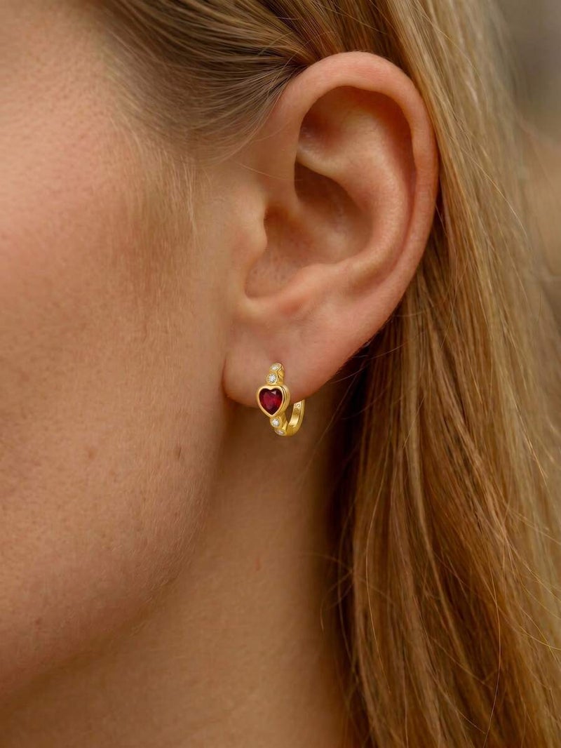 Shein S925 Sterling Silver Red Heart Zirconia Hoop Earrings, 18K Gold Plated Huggie Jewelry With Gift Box For Women - Size one-size - Image 2