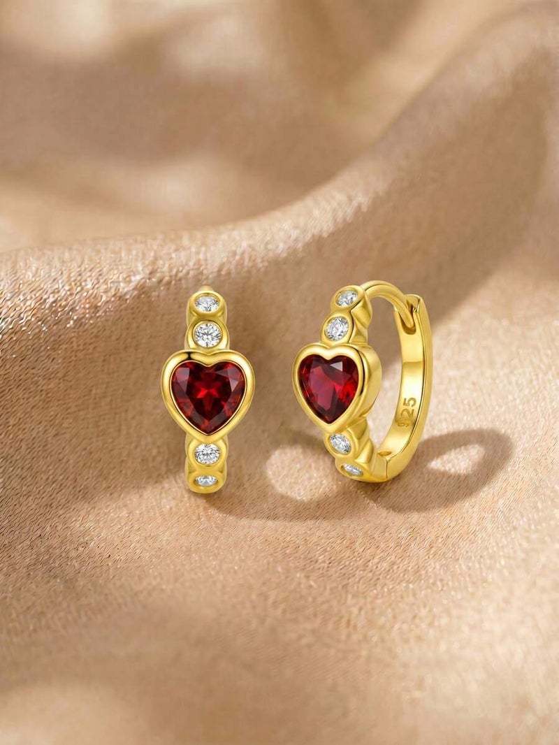 Shein S925 Sterling Silver Red Heart Zirconia Hoop Earrings, 18K Gold Plated Huggie Jewelry With Gift Box For Women - Size one-size - Image 4