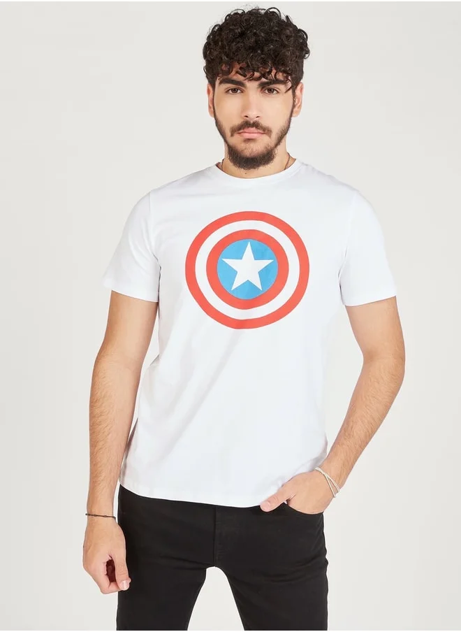 SP Characters Captain America Print Crew Neck T-shirt with Short Sleeves