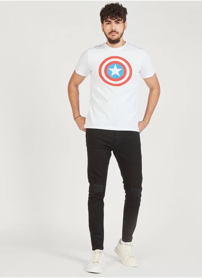 SP Characters Captain America Print Crew Neck T-shirt with Short Sleeves