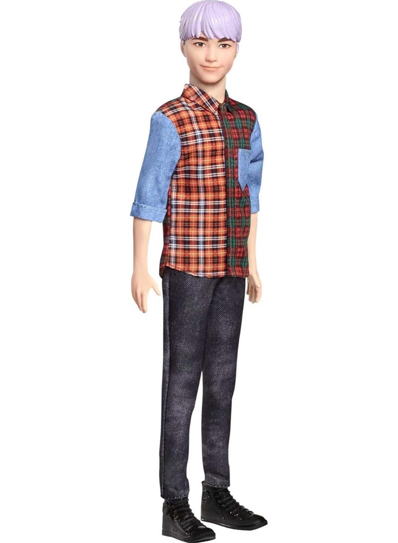Barbie Ken -Fashionistas Doll #154 with Sculpted Purple Hair Wearing a Color Blocked Plaid Shirt, Black Denim Pants & Boots, Toy for Kids 3 to 8 Years Old - Image 3