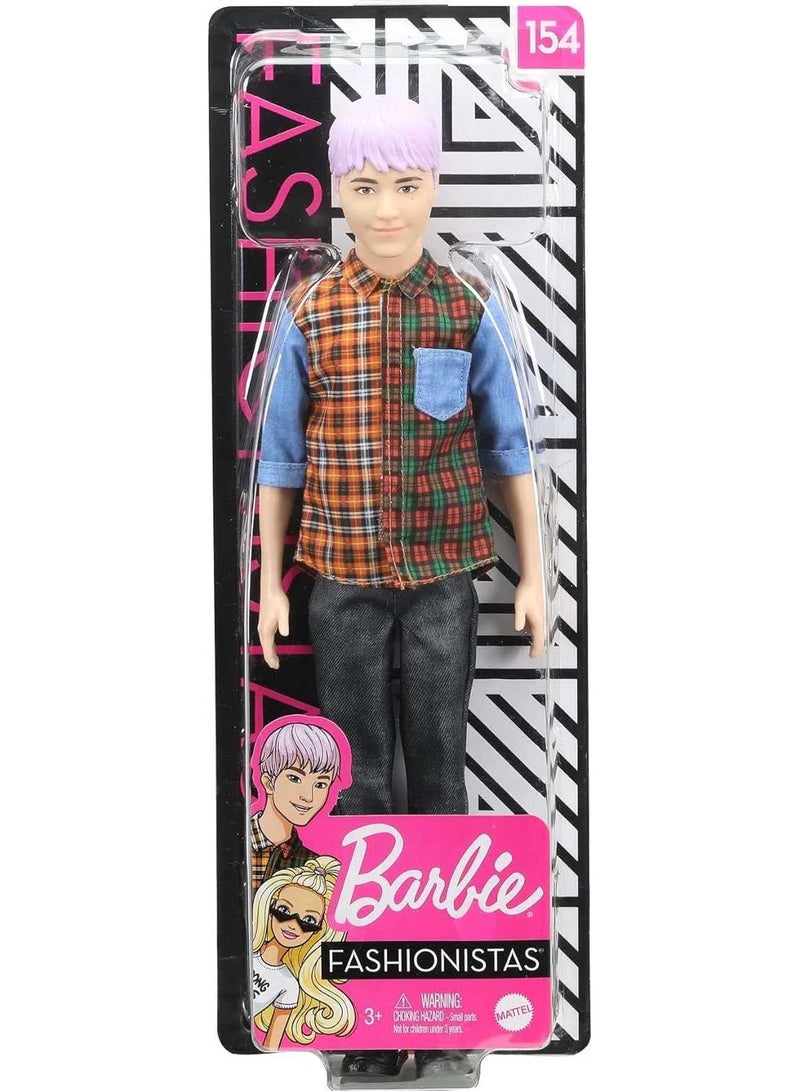 Barbie Ken -Fashionistas Doll #154 with Sculpted Purple Hair Wearing a Color Blocked Plaid Shirt, Black Denim Pants & Boots, Toy for Kids 3 to 8 Years Old - Image 1