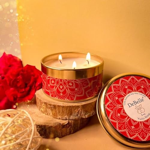 DeBelle Luxe Scented Soy Wax Candle Combo Pack of 5 | Best Gift for Home, Office | 3 Wick Candle | Aromatherapy Candle| Floral| Reusable Tin - Image 3