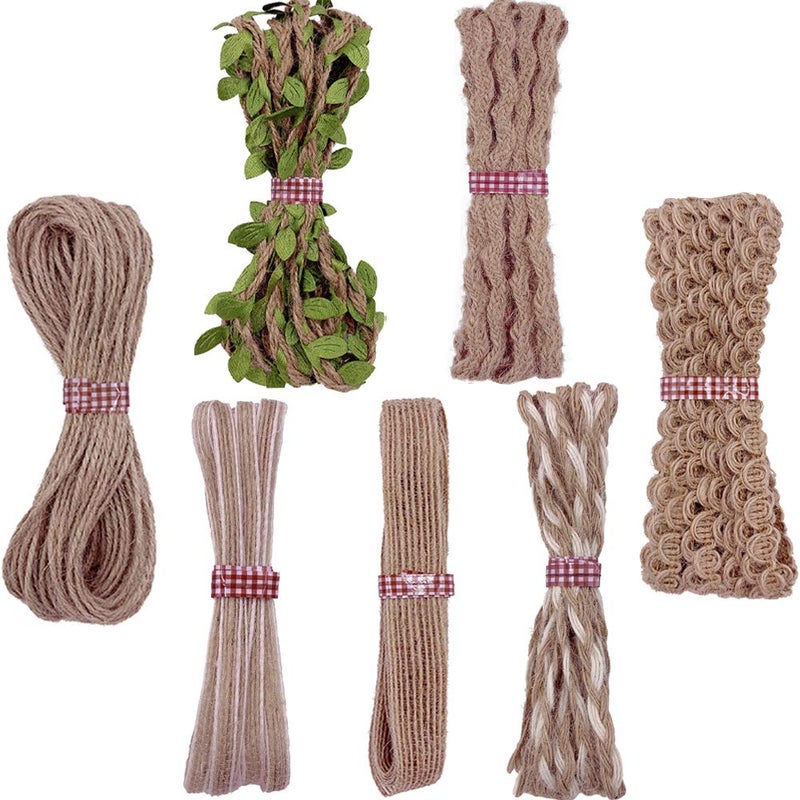 7 Rolls Jute Ribbons Burlap Ribbon Natural Jute Rope Decorative Twisted String for Gift Wrapping Crafts Party Home Decoration 239 Yards