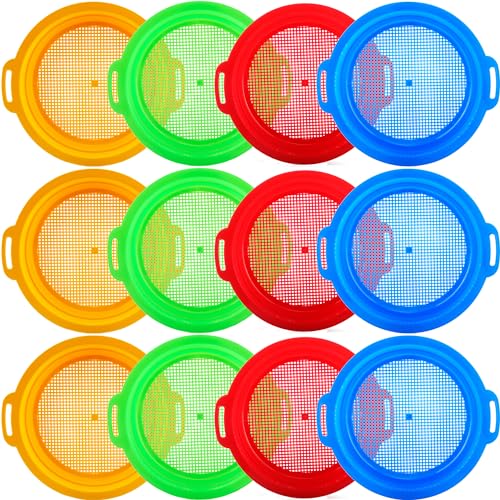 Restroma 12 Pack Kids Sand Sifter Sieve Plastic Sand Strainer Beach Toys Sifting Pan for Child Boys Girls Beach Finding Treasure Tools Party Supplies 4 Colors - Image 1