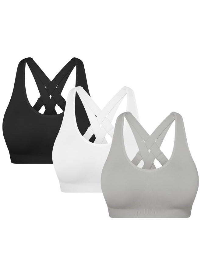 MIRITY Padded Strappy Sports Bra for Women - with Dual Crossback and Adjustable Straps for Workout Gym Pack of 3, Color 3, XXL - Image 1