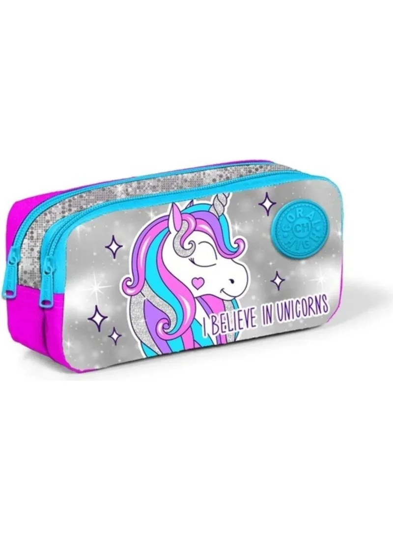 كورال هاي Kids Two Compartment Pencil Case Pink Silver Glitter Unicorn Patterned 22291