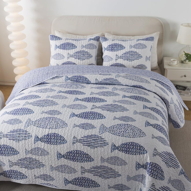 SLPR Sea of Dreams 3-Piece Quilt Set - King Size with 2 Shams, Blue and White Ocean-Inspired Bedding Set, Nautical Fish Design, Lake Themed Coastal Quilted Bedspread for Modern Maritime Decor - Image 3