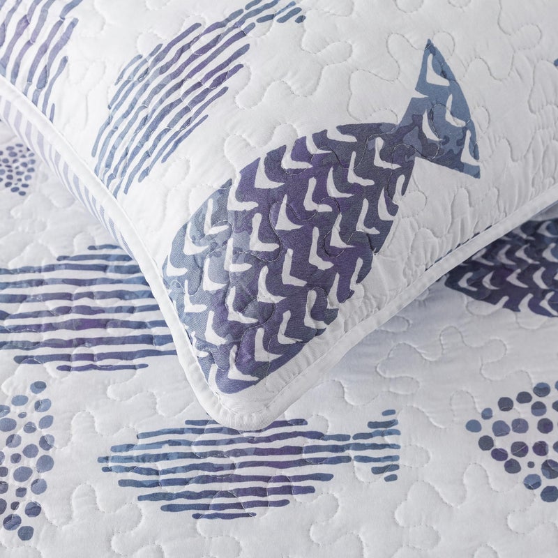 SLPR Sea of Dreams 3-Piece Quilt Set - King Size with 2 Shams, Blue and White Ocean-Inspired Bedding Set, Nautical Fish Design, Lake Themed Coastal Quilted Bedspread for Modern Maritime Decor - Image 5