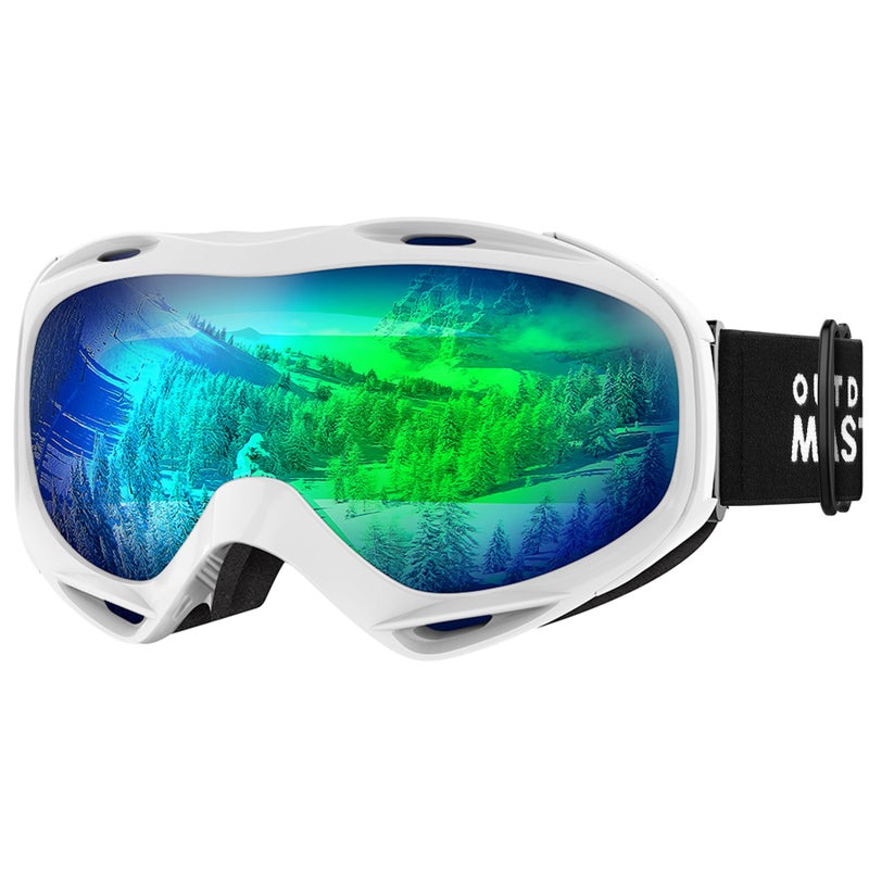 OutdoorMaster OTG Ski Goggles - Over Glasses Ski/Snowboard Goggles for Men, Women & Youth - 100% UV Protection (Panda Frame + VLT 17% Grey Lens with Full REVO Green) - Image 1