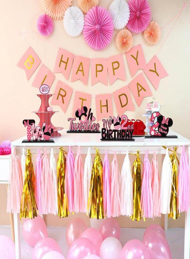 TONIFUL Pink Mouse 2nd Birthday Party Supplies 2nd Table Centerpieces Pink Mouse Theme Design Sturdy Wooden for Girl TWO Years Old Birthday Favors 2nd Birthday Party Decorations(4 Pcs) - Image 4