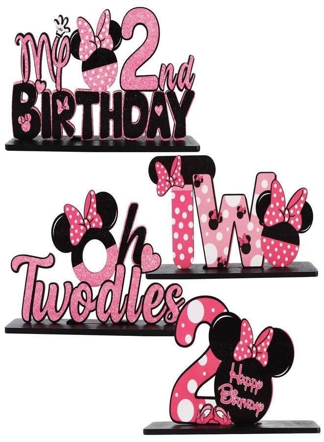 TONIFUL Pink Mouse 2nd Birthday Party Supplies 2nd Table Centerpieces Pink Mouse Theme Design Sturdy Wooden for Girl TWO Years Old Birthday Favors 2nd Birthday Party Decorations(4 Pcs) - Image 1