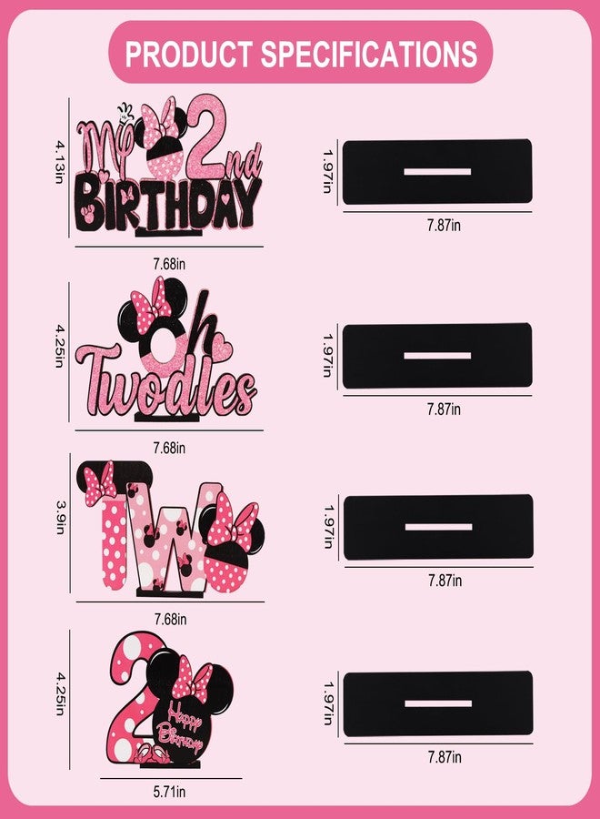 TONIFUL Pink Mouse 2nd Birthday Party Supplies 2nd Table Centerpieces Pink Mouse Theme Design Sturdy Wooden for Girl TWO Years Old Birthday Favors 2nd Birthday Party Decorations(4 Pcs) - Image 2