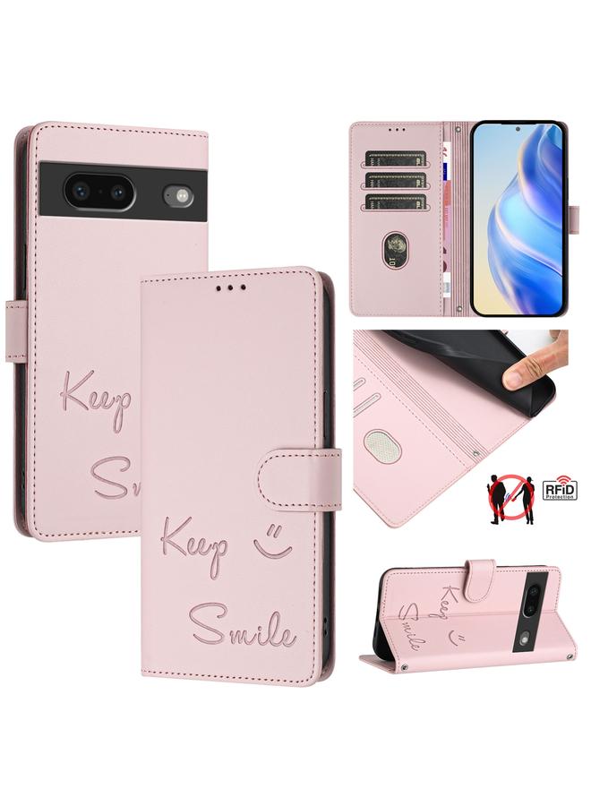 Zaboon For Google Pixel 7 Smile Embossing RFID Leather Phone Case(Pink)
