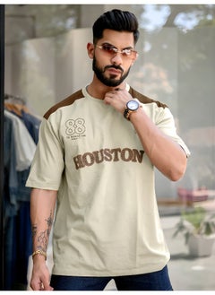 Maniac Mens Printed Round Neck 3/4th Sleeve Beige and Brown Cotton T-Shirt  - Image 3