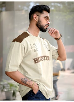 Maniac Mens Printed Round Neck 3/4th Sleeve Beige and Brown Cotton T-Shirt  - Image 2