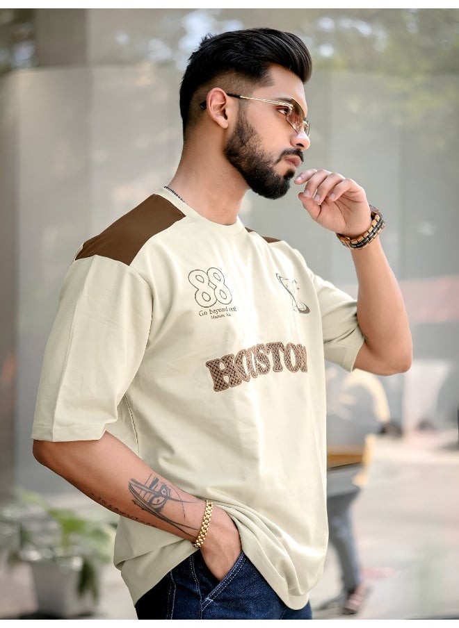 Maniac Mens Printed Round Neck 3/4th Sleeve Beige and Brown Cotton T-Shirt  - Image 2