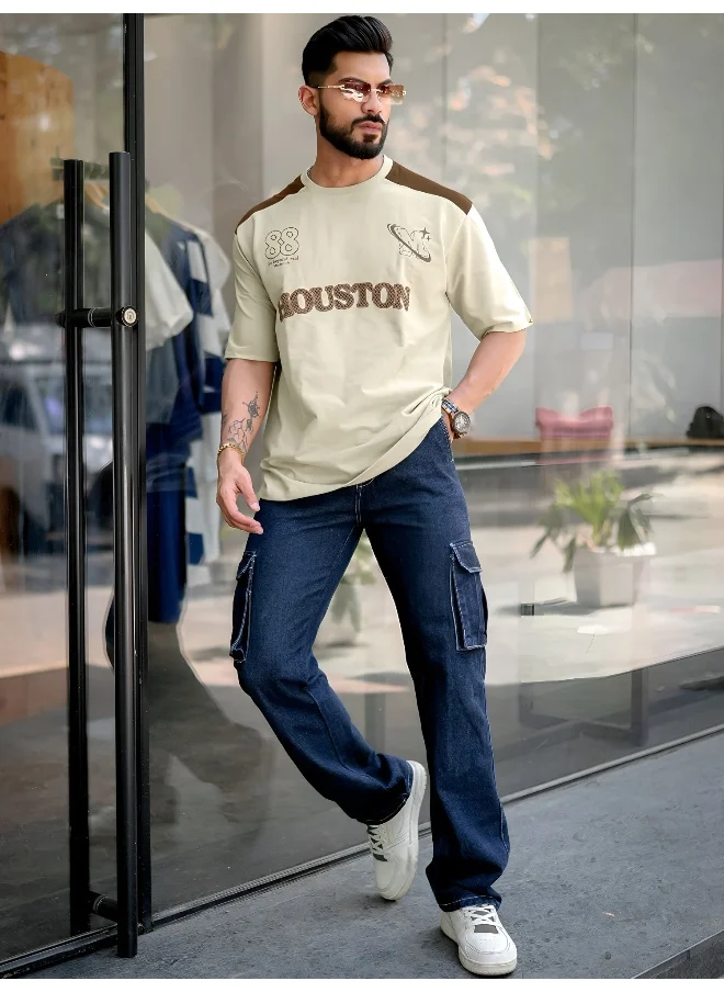 Maniac Mens Printed Round Neck 3/4th Sleeve Beige and Brown Cotton T-Shirt