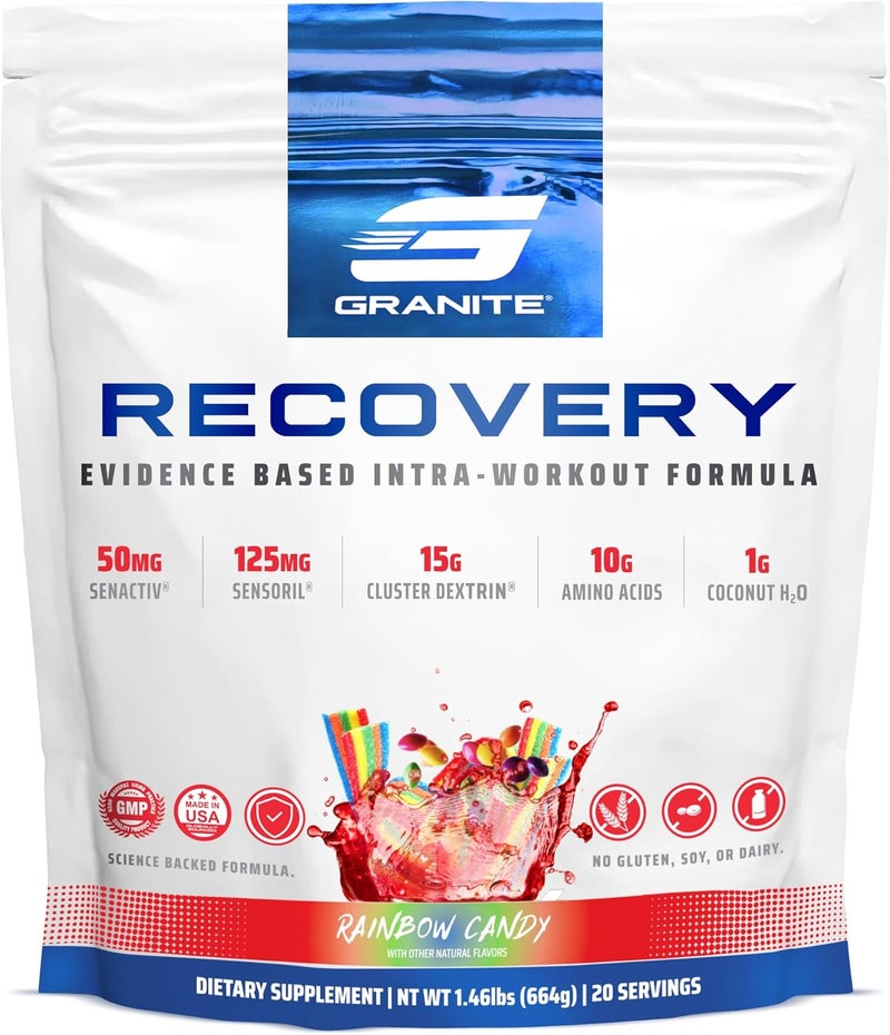 Granite Supplements Granite Nutrition Recovery  Premium IntraWorkout Drink with EAAs Cluster Dextrin Sensoril  Senactiv for Athletic Performance and Lean Muscle Gains  Rainbow Candy Flavor 20 Servings - Image 1