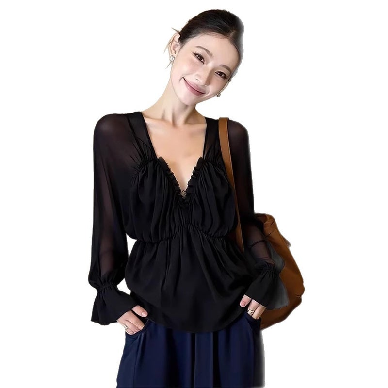 Women's V-Neck Flared Sleeve Chiffon Shirt - Image 5