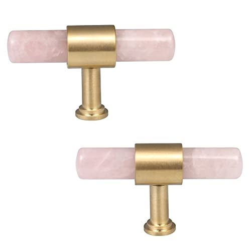 mookaitedecor Set of 2 TBar Crystal Drawer Pulls Handles with Screws Brushed Brass Stone Knobs for Cabinet Kitchen Dresser Rose Quartz - Image 1