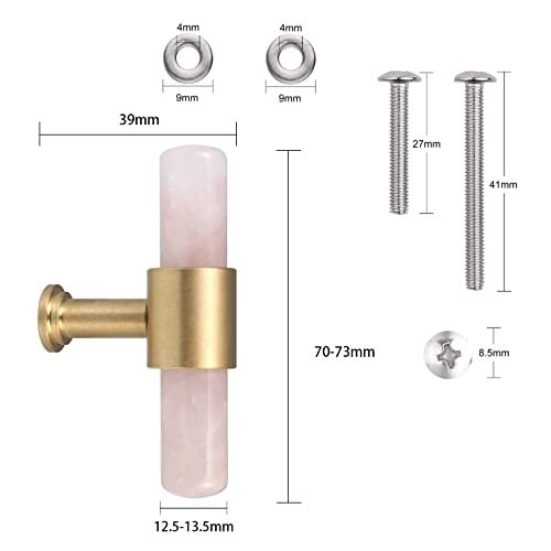 mookaitedecor Set of 2 TBar Crystal Drawer Pulls Handles with Screws Brushed Brass Stone Knobs for Cabinet Kitchen Dresser Rose Quartz - Image 3
