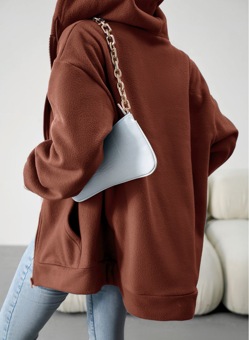 Autumn And Winter Loose Casual Hoodie Cardigan Hooded Coat Brown