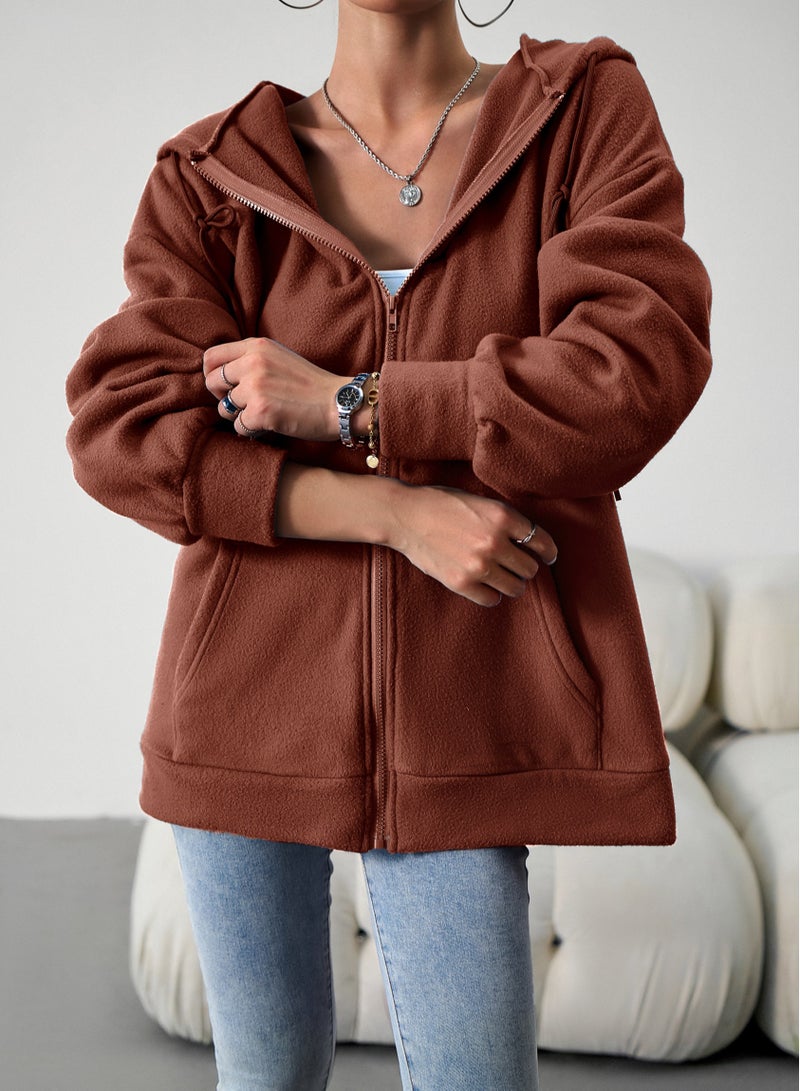 Autumn And Winter Loose Casual Hoodie Cardigan Hooded Coat Brown