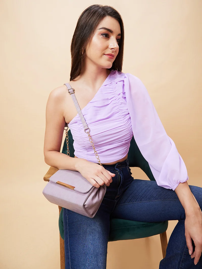 globus Women Lavender Gathered Detailed One Shoulder Puff Sleeves Crop Top