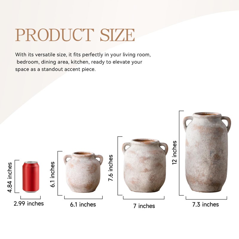 Vanselia Ceramic Flower Vase Home Decor - 7.6 Inch Farmhouse Rustic Table Vases with Handle Living Room Decoration Decorative Vintage Pottery for Kitchen Shelf Coffee Dining Bookshelf Fireplace Centerpiece - Image 2
