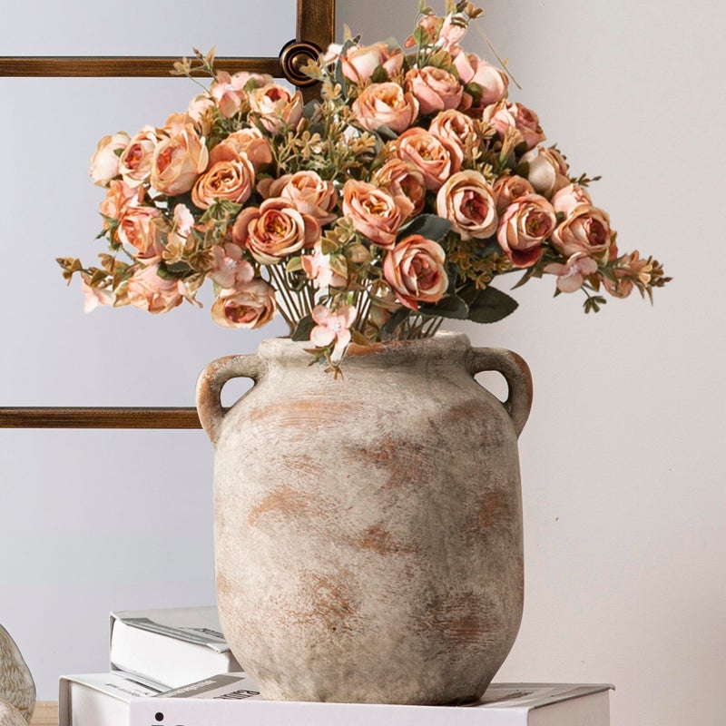 Vanselia Ceramic Flower Vase Home Decor - 7.6 Inch Farmhouse Rustic Table Vases with Handle Living Room Decoration Decorative Vintage Pottery for Kitchen Shelf Coffee Dining Bookshelf Fireplace Centerpiece - Image 4