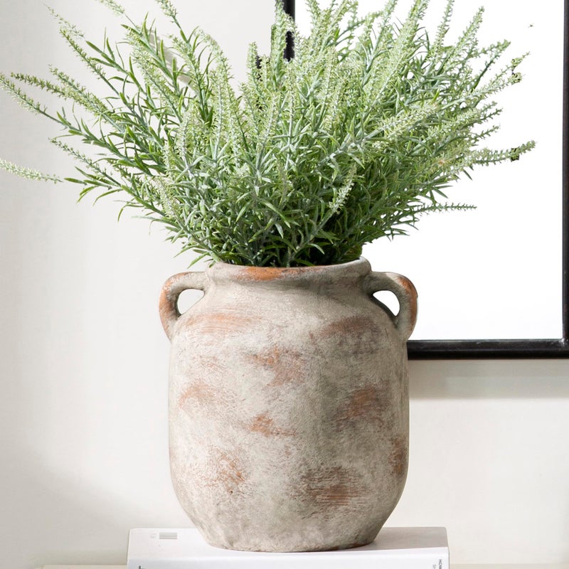 Vanselia Ceramic Flower Vase Home Decor - 7.6 Inch Farmhouse Rustic Table Vases with Handle Living Room Decoration Decorative Vintage Pottery for Kitchen Shelf Coffee Dining Bookshelf Fireplace Centerpiece - Image 1