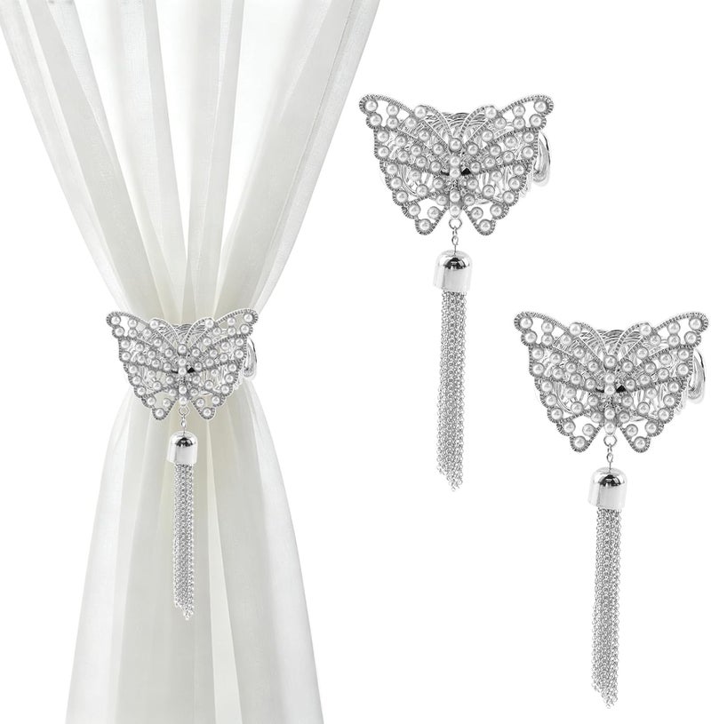 Chinflly 2 Pcs Curtain Tie Backs, No-Drill Metal Silver Curtain Holdbacks | Butterfly Drapery Holdbacks, Easy to Use, Renter-Friendly, Dorm Home Office Decor - Image 1