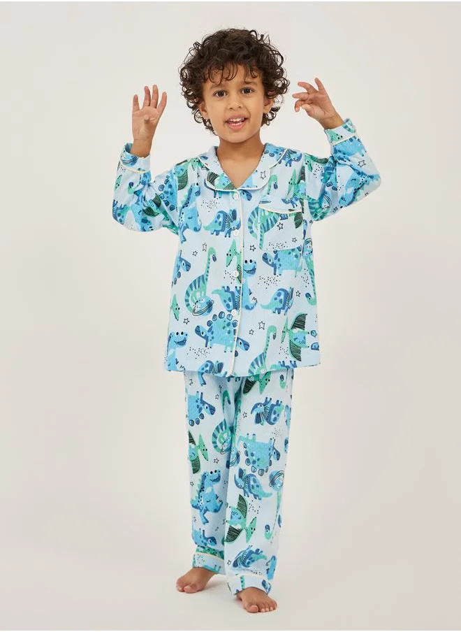 ستايلي All-Over Dinosaur Print Long Sleeve Shirt and Pyjama Set