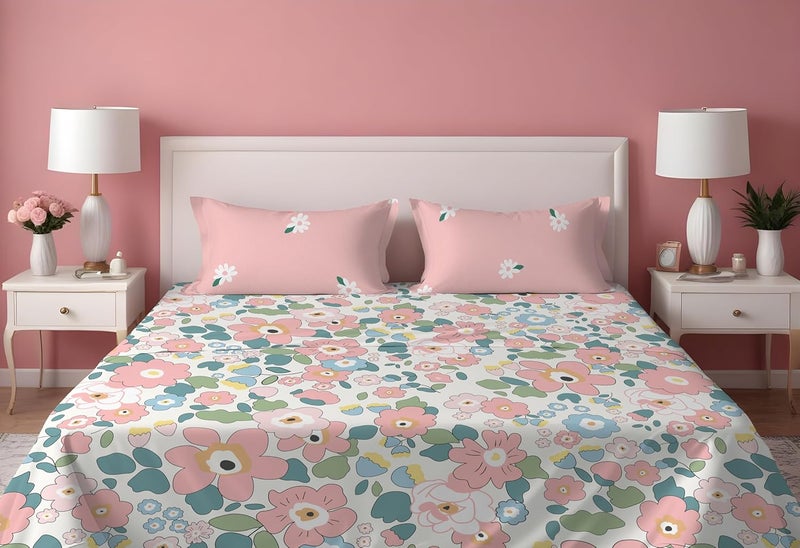 DREAMLET Prime Collections 160TC Pure Cotton Breathable Supersoft Wrinkelfree Double Flat Bedsheet with 2 Pillow Covers Pink Flat - Image 1