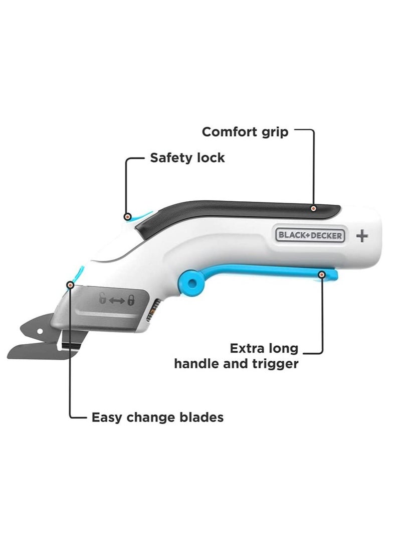 BLACK+DECKER Cordless Electronic Scissors, 3.6V, 40 Min Runtime, Includes Fabric & Hard Material Blades, Non-Slip Handle, Quick Charge, Best for Crafting and DIY, White - BCSC115-XJ  - Image 2