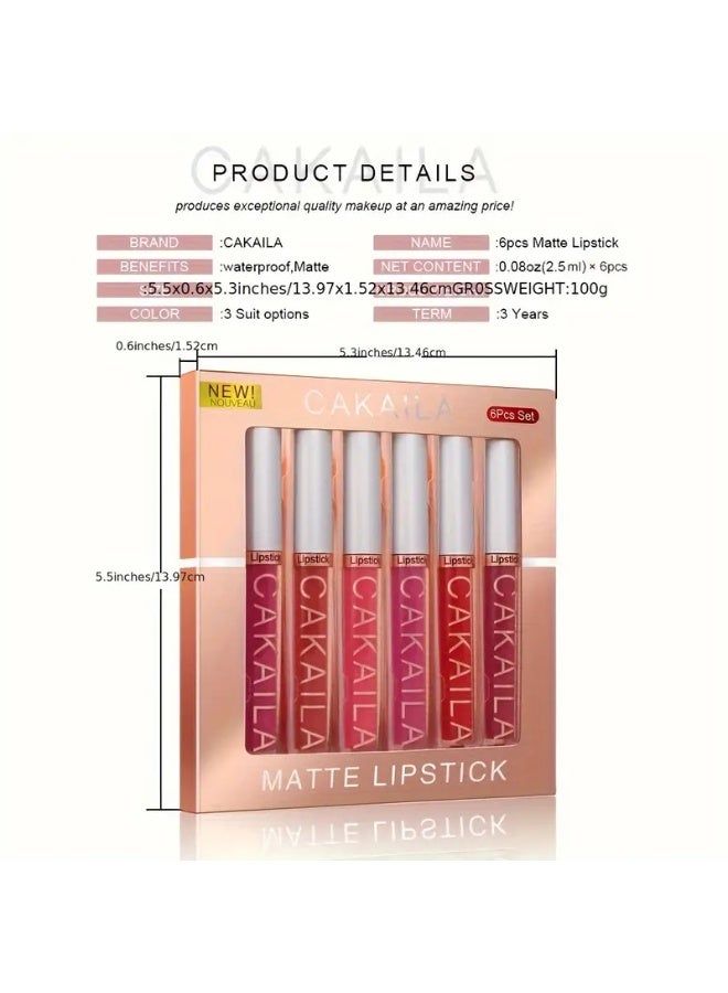 CAKAILA مجموعة أحمر شفاه مخملي غير لامع من CAKAILA مكونة من 6 قطع - طويلة الأمد، مقاومة للماء، مقاومة للعرق، غير لاصقة على الكوب، غير متلاشية، سهلة التطبيق، لجميع أنواع البشرة، للبالغين، سلسلة الظلال الحمراء - Image 5