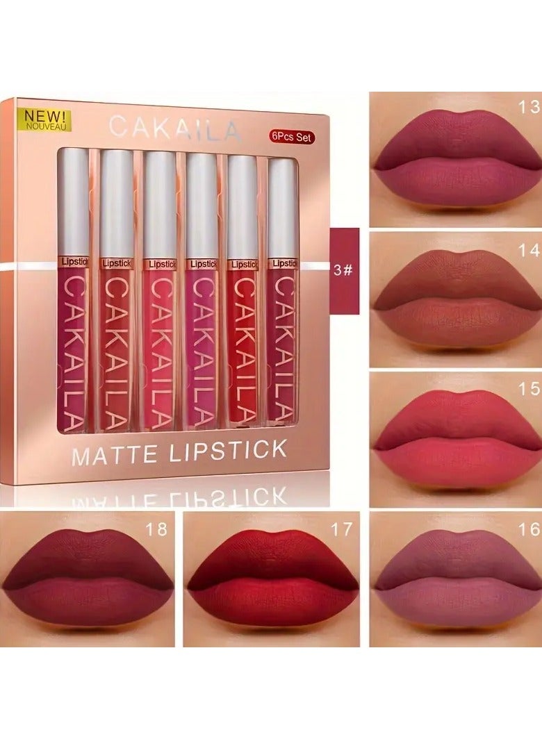 CAKAILA مجموعة أحمر شفاه مخملي غير لامع من CAKAILA مكونة من 6 قطع - طويلة الأمد، مقاومة للماء، مقاومة للعرق، غير لاصقة على الكوب، غير متلاشية، سهلة التطبيق، لجميع أنواع البشرة، للبالغين، سلسلة الظلال الحمراء - Image 1