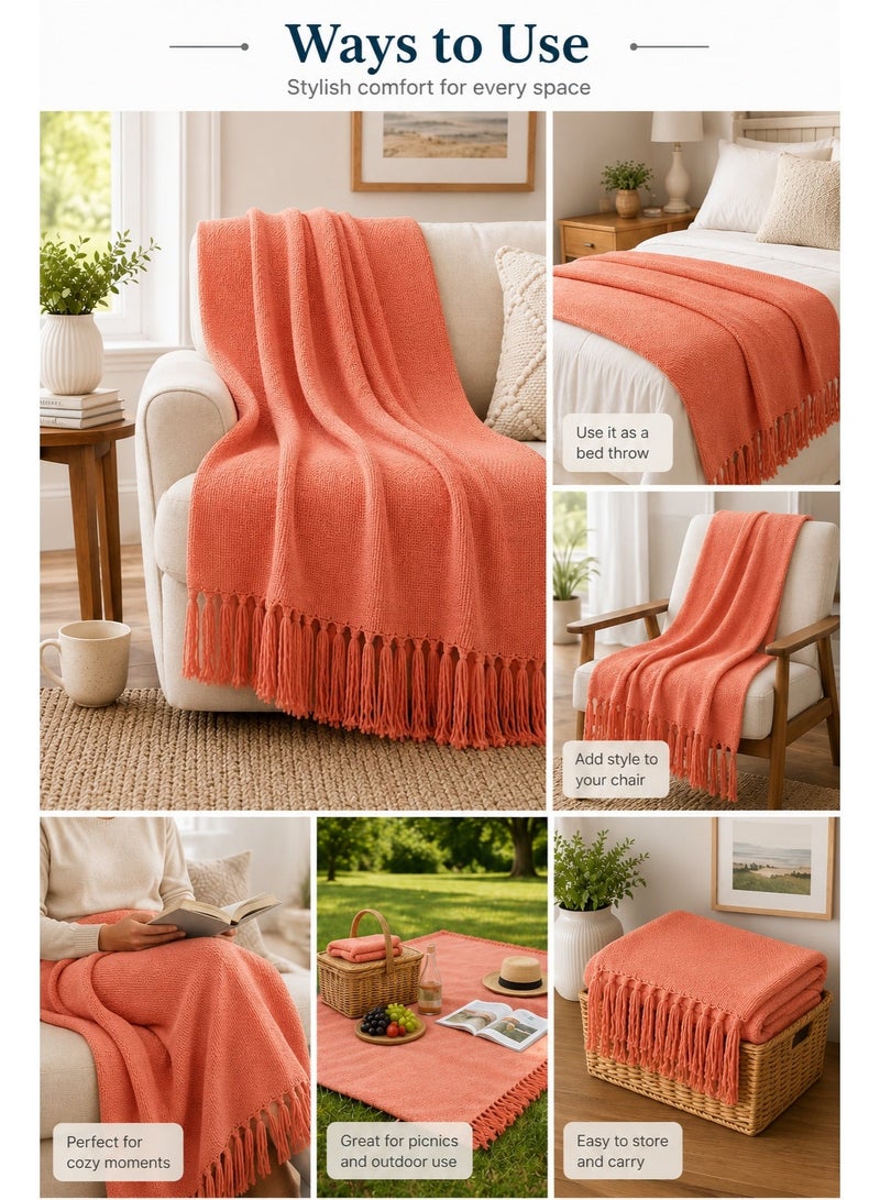 Woven Throw Blanket – 100% Cotton, 127 × 154 cm – Soft Lightweight Textured Blanket with Decorative Tassels for Sofa, Bed & Home Décor - Image 3