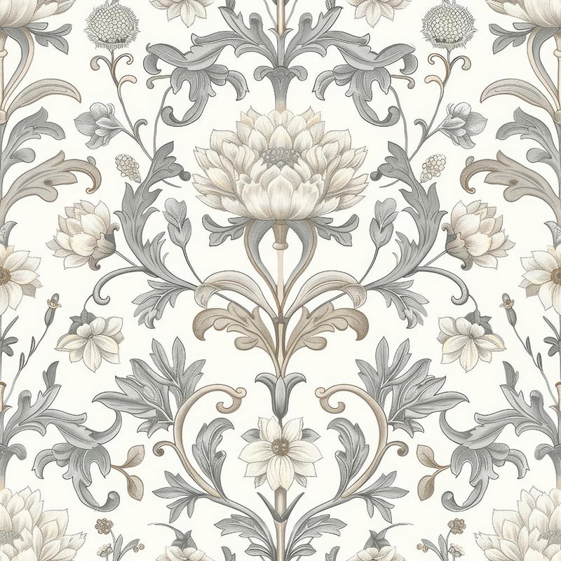 REDAMANCY Vintage White Grey Damask William Morris Flower Peel and Stick Wallpaper Stick on Contact Paper Vintage Wall Paper Easy Peel Off for nightstand Drawer Cabinet Renter - Image 1