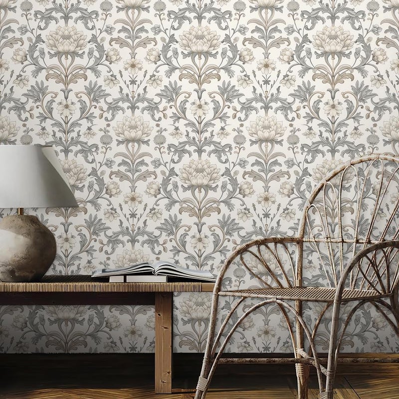REDAMANCY Vintage White Grey Damask William Morris Flower Peel and Stick Wallpaper Stick on Contact Paper Vintage Wall Paper Easy Peel Off for nightstand Drawer Cabinet Renter - Image 3