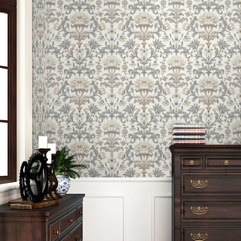 REDAMANCY Vintage White Grey Damask William Morris Flower Peel and Stick Wallpaper Stick on Contact Paper Vintage Wall Paper Easy Peel Off for nightstand Drawer Cabinet Renter - Image 2