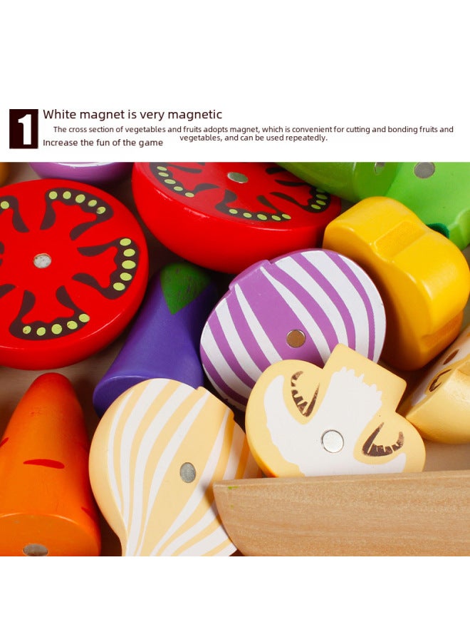 Children's Kitchen Toys Cutting Music Wooden Fruit And Vegetable Girl Play House Suit Magnetic Children's Day Gift-Color:Vegetable Basket 14 Pieces - Image 4
