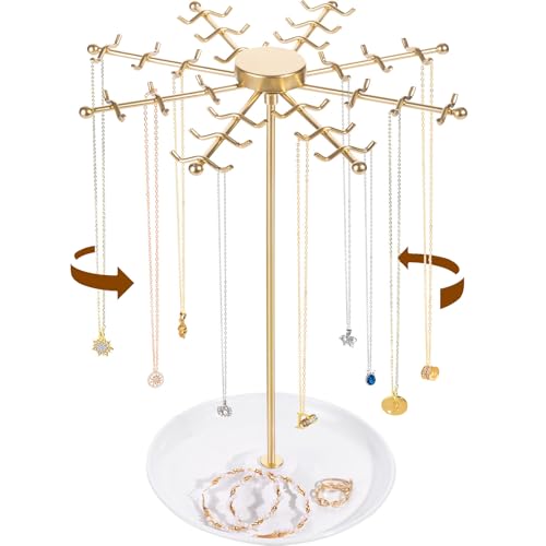 PABOBIT Rotating Necklace Holder Jewelry Stand Gold Necklace Organizer Display with 48 Wshaped HooksJewelry Organizer for Necklaces Earrings Rings Storage Tree Presents for Women - Image 1