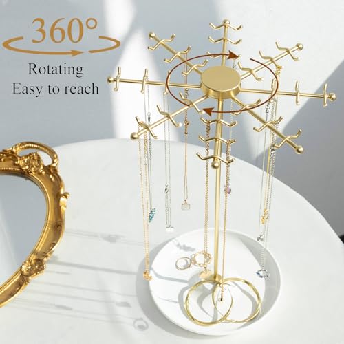 PABOBIT Rotating Necklace Holder Jewelry Stand Gold Necklace Organizer Display with 48 Wshaped HooksJewelry Organizer for Necklaces Earrings Rings Storage Tree Presents for Women - Image 3