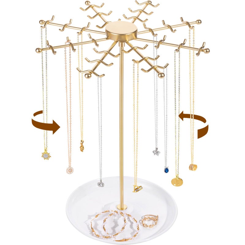 PABOBIT Rotating Necklace Holder Jewelry Stand Gold Necklace Organizer Display with 48 Wshaped HooksJewelry Organizer for Necklaces Earrings Rings Storage Tree Presents for Women - Image 2